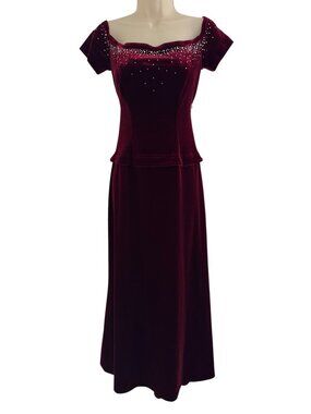 Red Wine Velvet Velour Embellished Crystals Long Hi-Low Gown Maxi Dress Size M